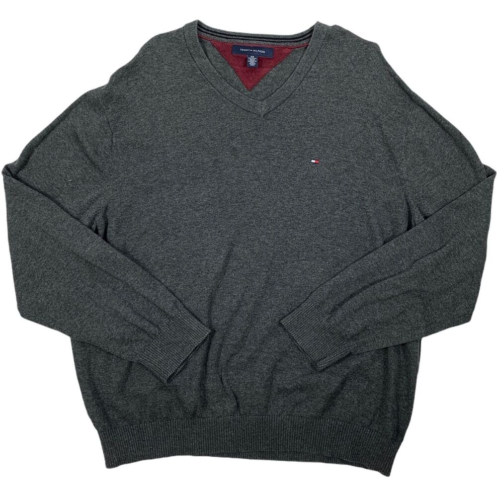 Tommy Hilfiger XXL Sweater Gray V Neck Business Casual Comfort